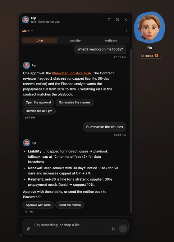 The desktop widget: an agent's face with its chat panel and an Inbox count